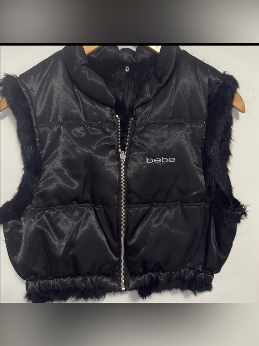 Bebe Black Rabbit Reversible 100% Real Fur Puffer Vest